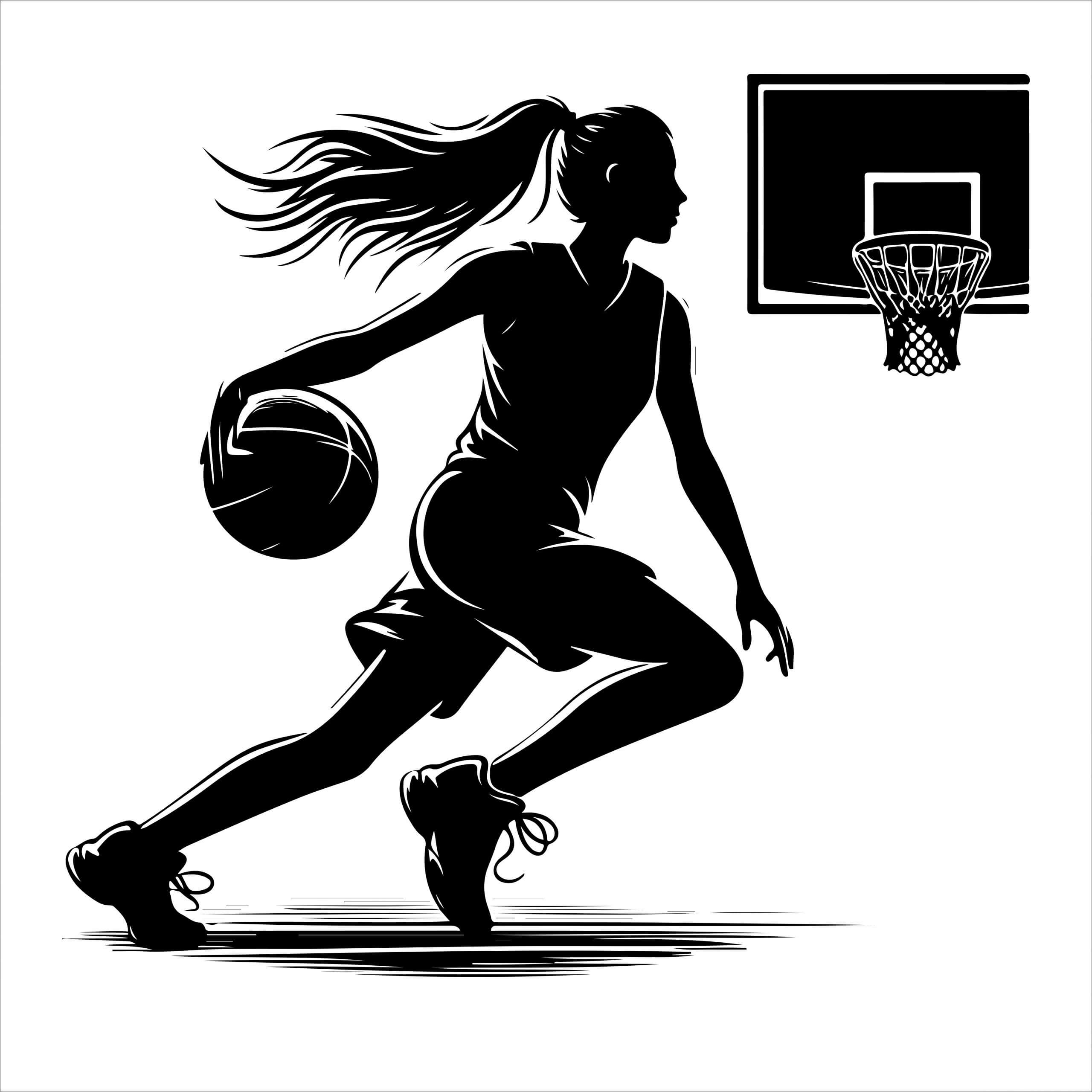 Eine Basketballspielerin als Silhouette dribbelt den Ball Richtung Korb vor weißem Hintergrund
