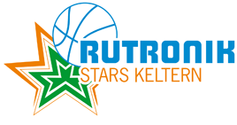 Das Logo zeigt einen blauen Basketball, grüne und orange Sterne sowie den Schriftzug Rutronik Stars Keltern in Blau und Orange.