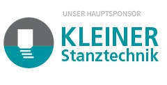 Das Logo zeigt den Schriftzug "Unser Hauptsponsor KLEINER Stanztechnik" und ein rundes Icon halb grau, halb türkis mit weißer Form innen