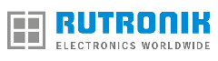 Rutronik Logo mit grauem quadratischen Icon und blauer Schrift, RUTRONIK über ELECTRONICS WORLDWIDE in grauer Farbe