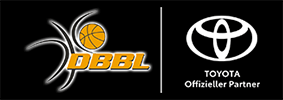 Das DBBL-Basketball-Logo steht neben dem Toyota-Logo und dem Schriftzug Toyota offizieller Partner vor schwarzem Hintergrund